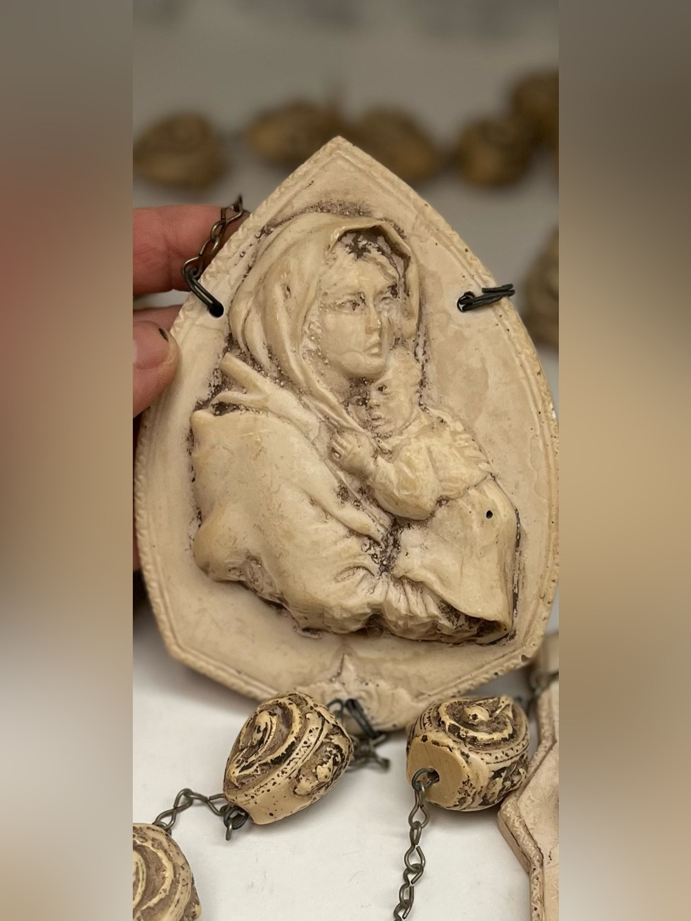 Vintage Giant Wall Rosary Heavy Alabaster Resin Madonna & Child Centerpiece